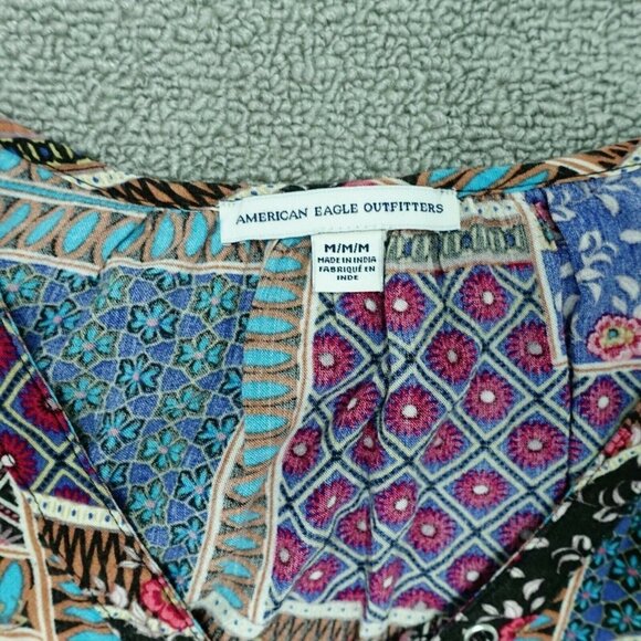 American Eagle Boho Blouse Women Medium Blue Black Floral Stripe Short Sleeve - Picture 2 of 4